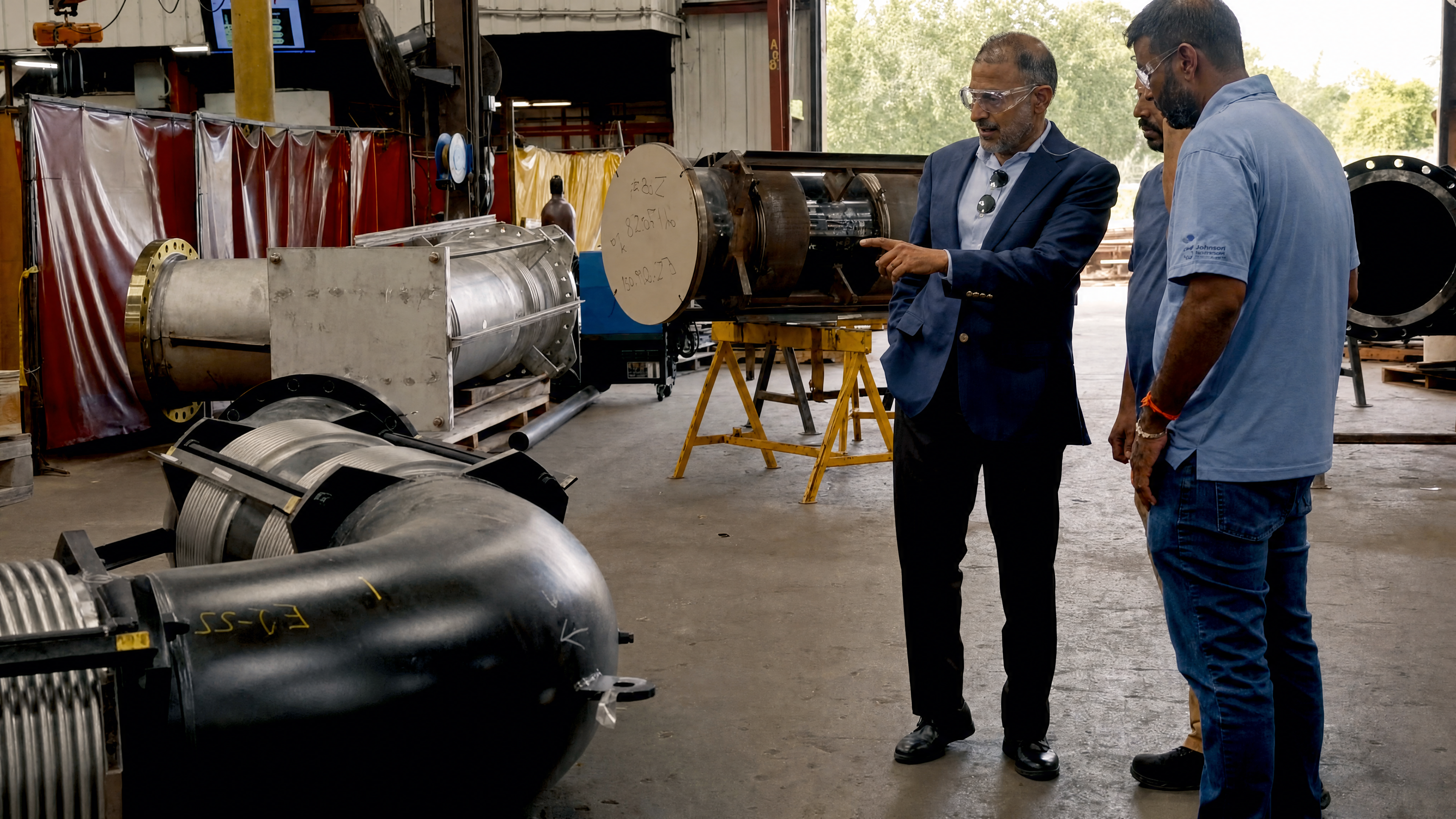 Rakesh Agrawal reviewing expansion joints with team members on the manufacturing floor